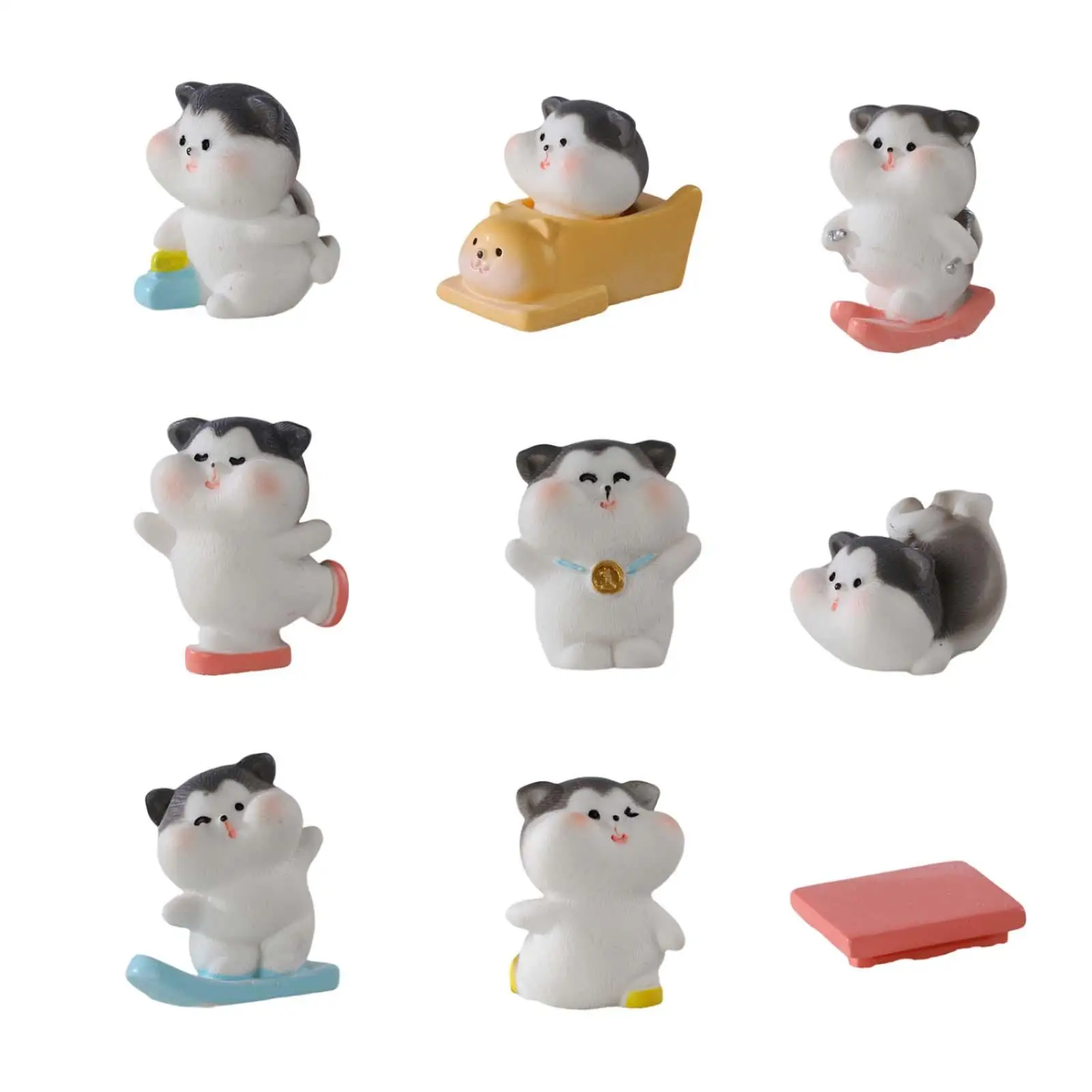 9Pcs cat Figurine Miniature Landscape Micro decor Decoration Ornament Sporting Skiing Cat for Home Decor Gift