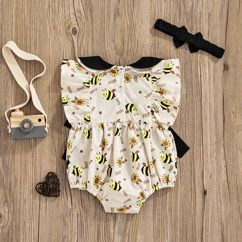 cool baby bodysuits	 2 Pcs Newborn Summer Outfits Cute Baby Girls Bee Print Doll Collar Fly Sleeve Romper Bodysuit with Bows + Solid Color Headband baby bodysuit dress