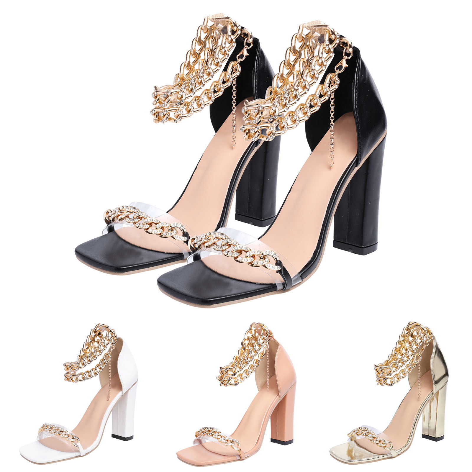 gold-tone chain embellished ankle strap chunky heels