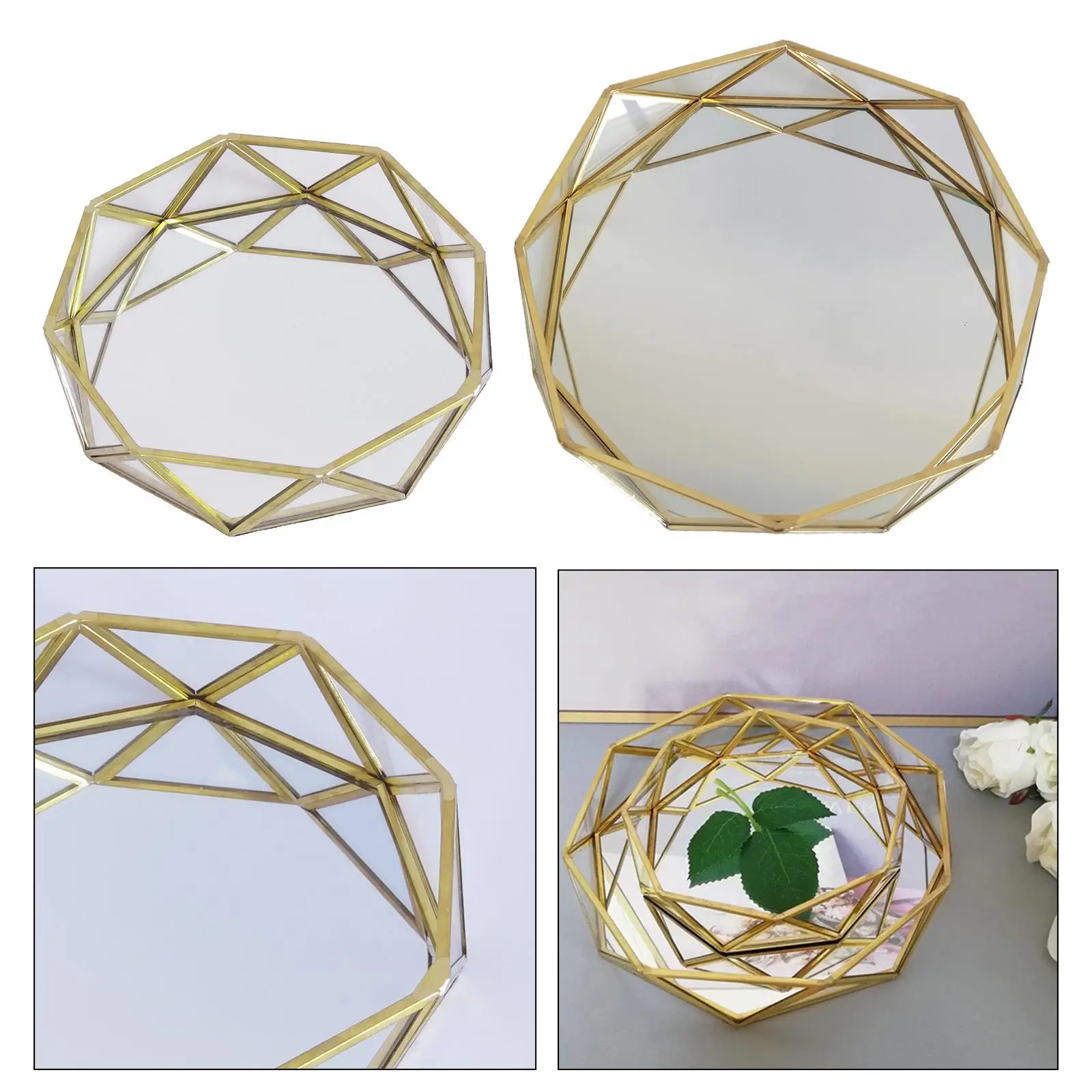 Round Mirror Glass Decorative Geometric Golden Drinks Display Tray