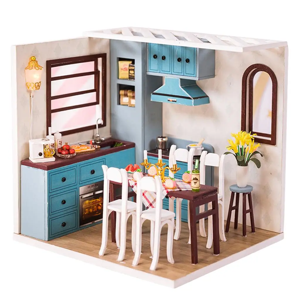  Wooden Miniature Furniture Mini Kitchen with Cover & Lights,