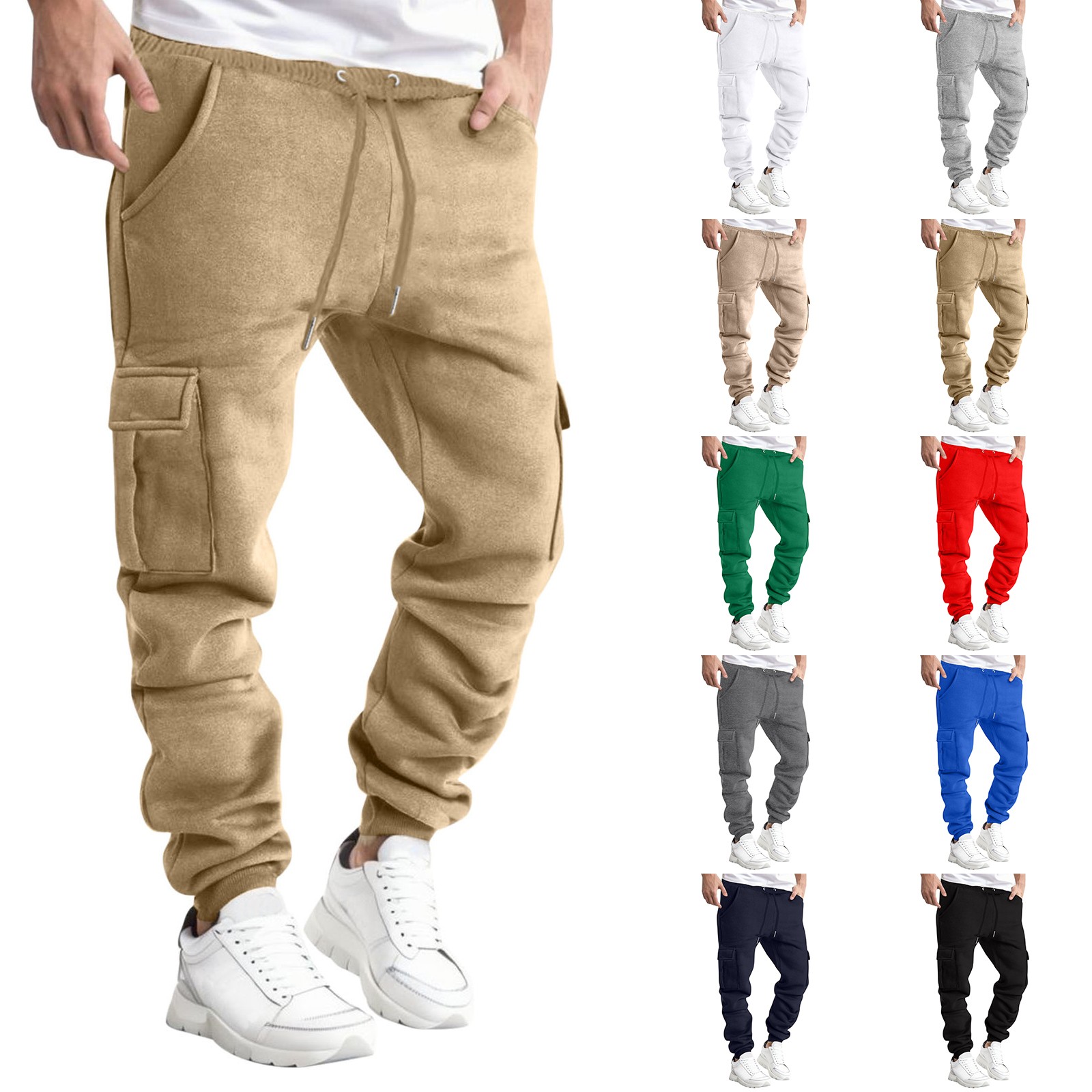 Description Picture 2 of itemMale Sweatpants Autumn And Winter Workwear Cargo Pants Solid Color Multi Pockets Lace Up Elastic Waist Pants Loose Fit Trousers