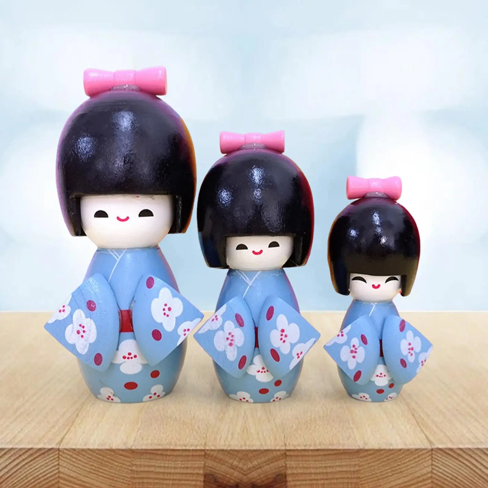 3x Wooden Japanese Doll Collectible Gift Dolls Girls Dolls Toy Doll Figurine for Ornaments Christmas Home Decoration Gifts
