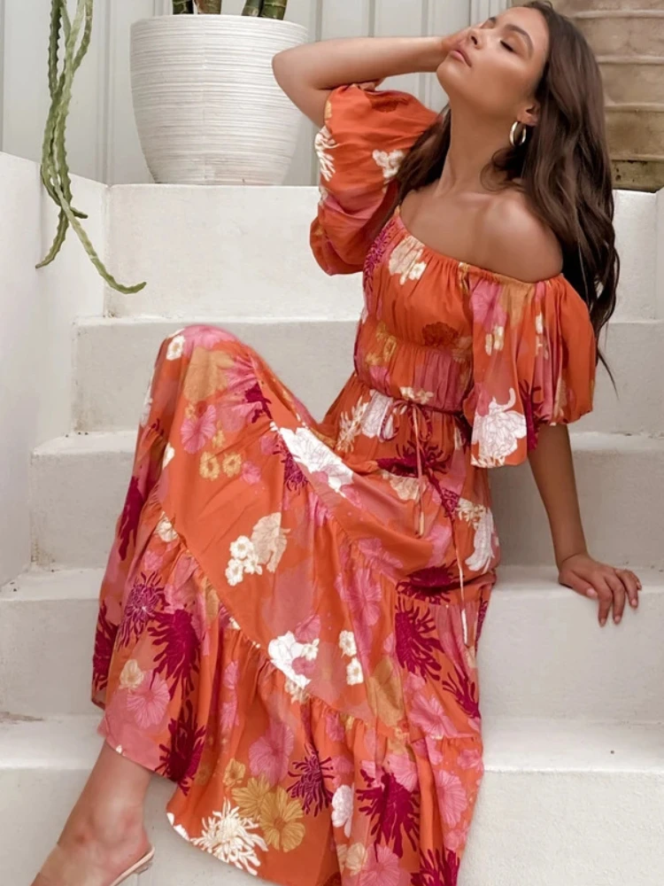 Women Summer Pleated Beach Dresses Sexy Off Shoulder Dress Floral Print Casual Loose Maxi Dresses Party Dress Vestido Feminino