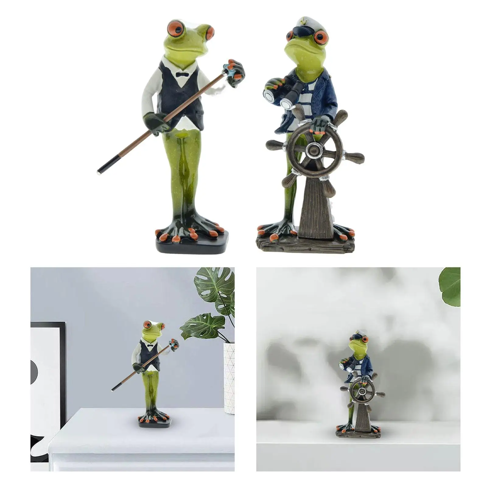 Miniature Frog Figurines Ornaments 3D Resin Animal Snooker Player Statue for Lawn Tabletop Fairy Garden Patio Decor