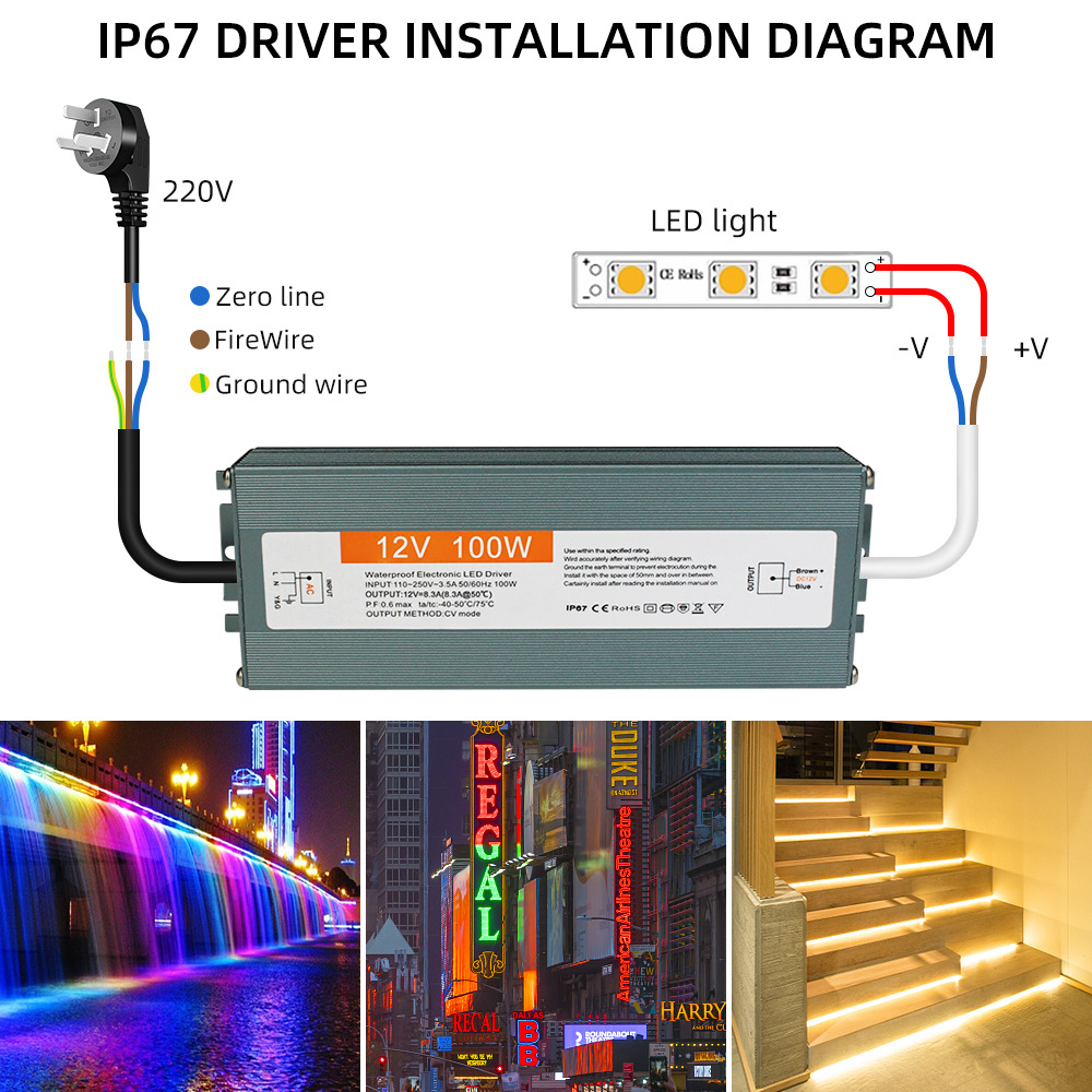 12V, 24V, 50W, 220V AC, IP67, 1A,