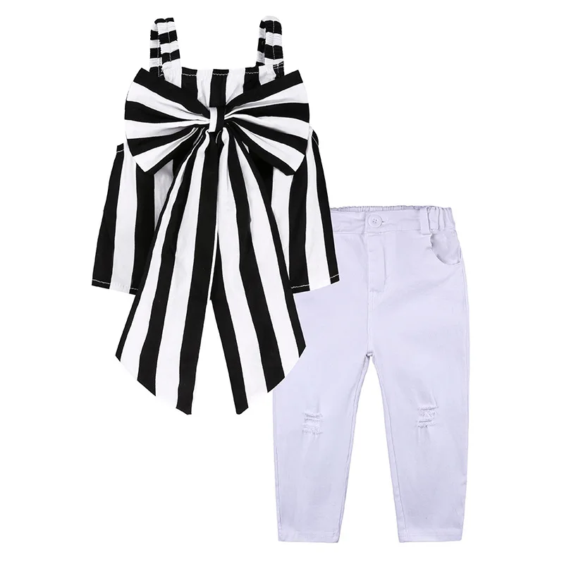 baby suit boy Summer Children Clothing Sets Toddler Girls Fashion Striped Big Bow Tops Ripped Jeans Suit pajamas for newborn girl 