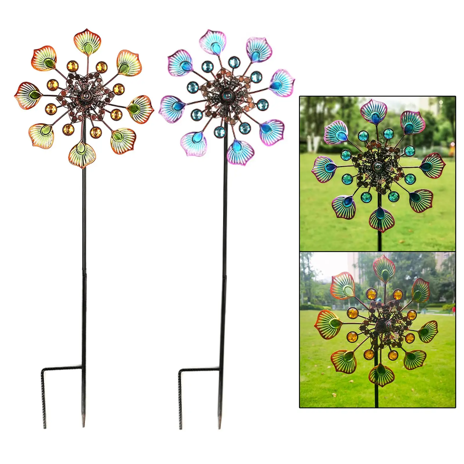 Windmill Decor Iron Peacock Tail Shape Stake for Gardening Backyard Courtyard Lawn