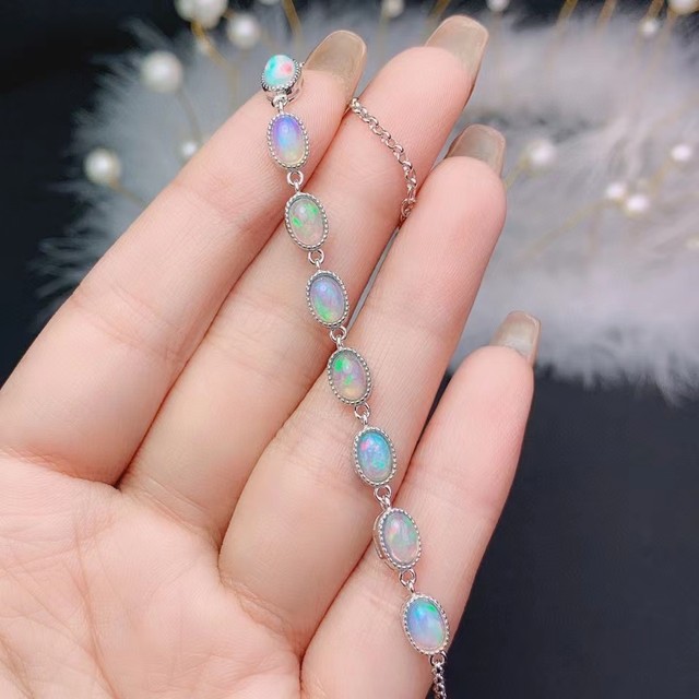 4mm*6mm Natural Opal Bracelet Total 1.6ct White Opal Silver