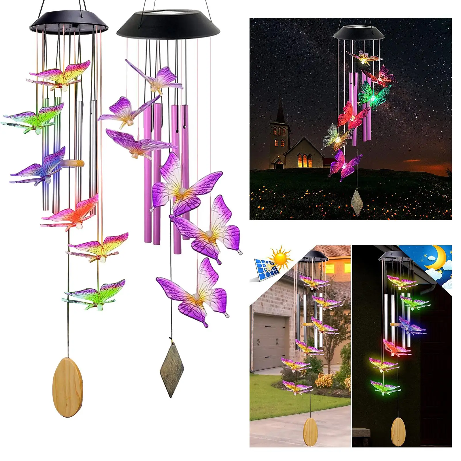 Solar Wind Chimes Lightweight Color Changing Butterfly Solar Powered Outside Light for Porch Lawn Window Room