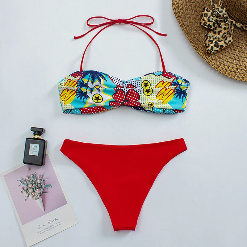 Sexy Micro Bikini Set Print Swimsuit Summer Biquini Female Padded Swimwear Bathing Suit Beachwear String Swimming Suit off the shoulder bikini