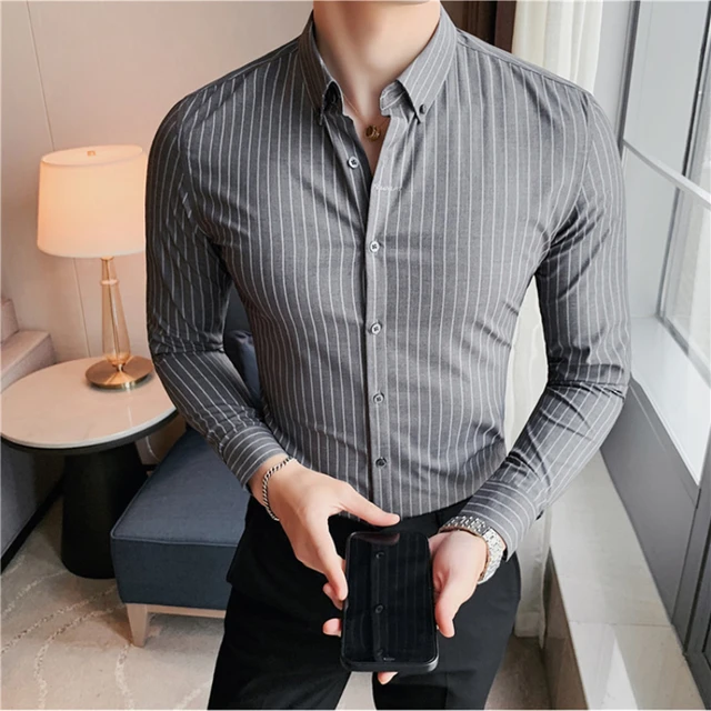 Embroidery Striped Business Shirts Men Long Sleeve Casual Slim Shirt Social  Office Formal Dress Shirts Party Tuxedo Blouse 2022