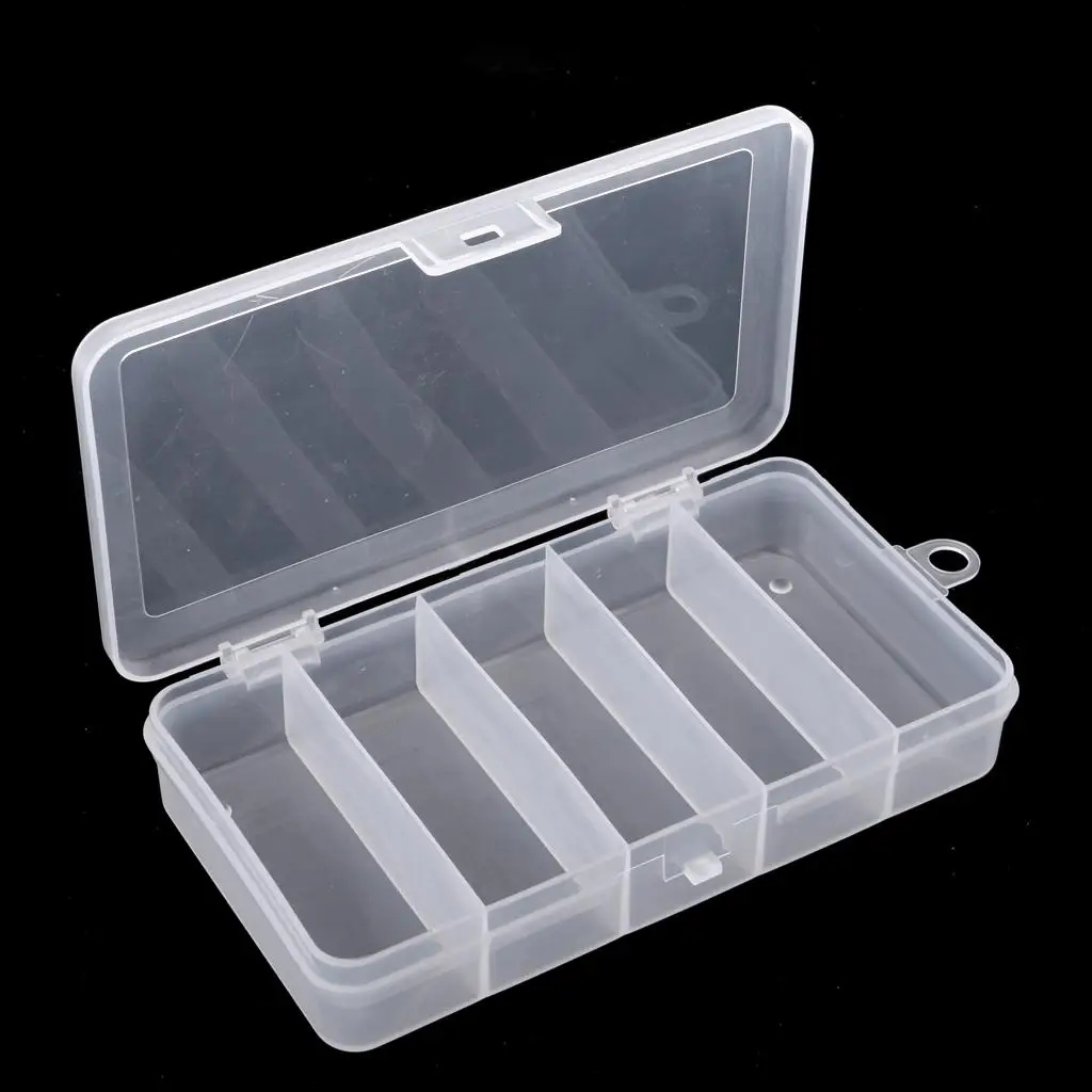 PP Plastic Clear Fishing Tackle Box 5 Compartments Lure Hooks Storage Case