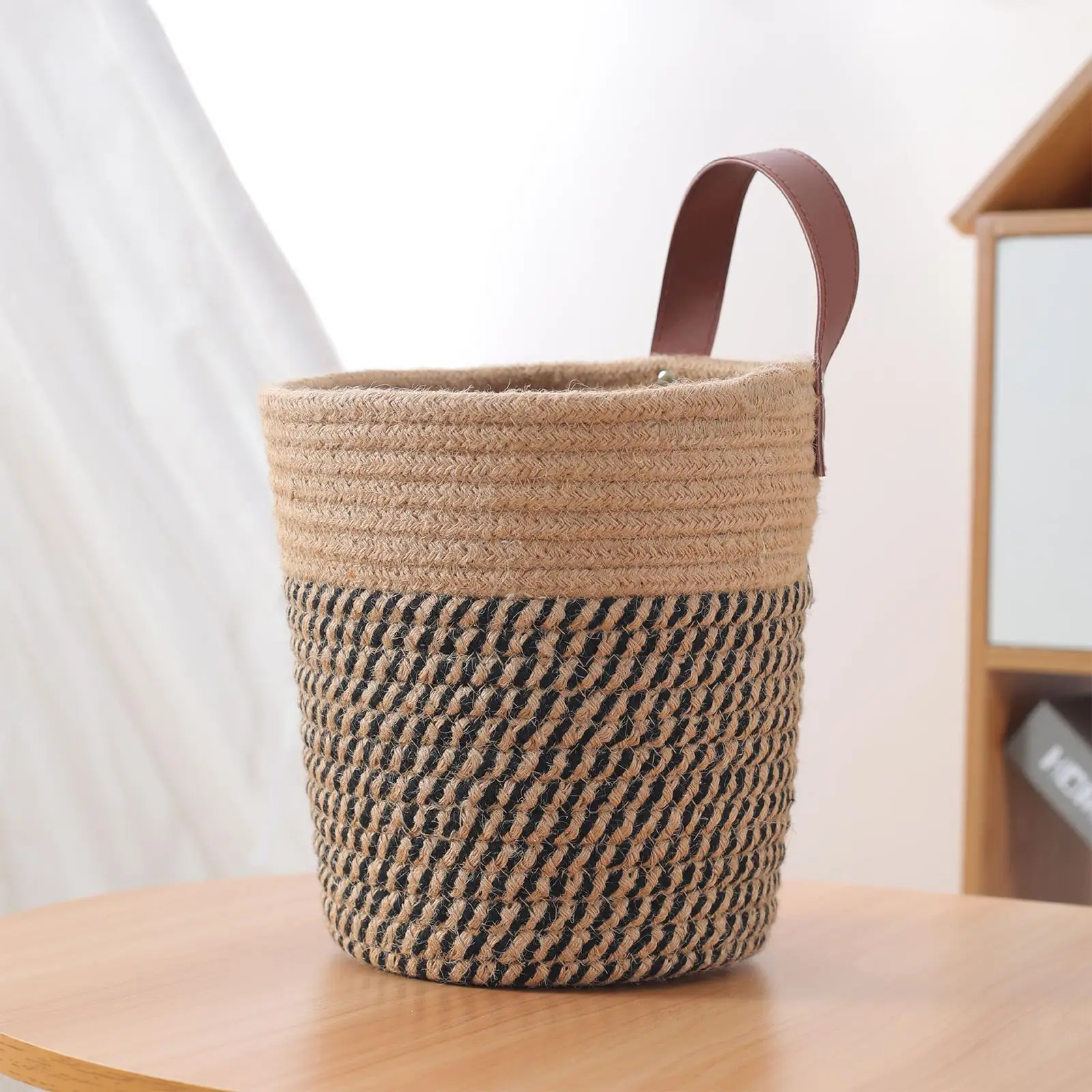 Hand Woven Basket Tabletop Multifunctional for Kitchen Bedroom Bathroom Countertops Container PU Handle Desktop Storage Basket