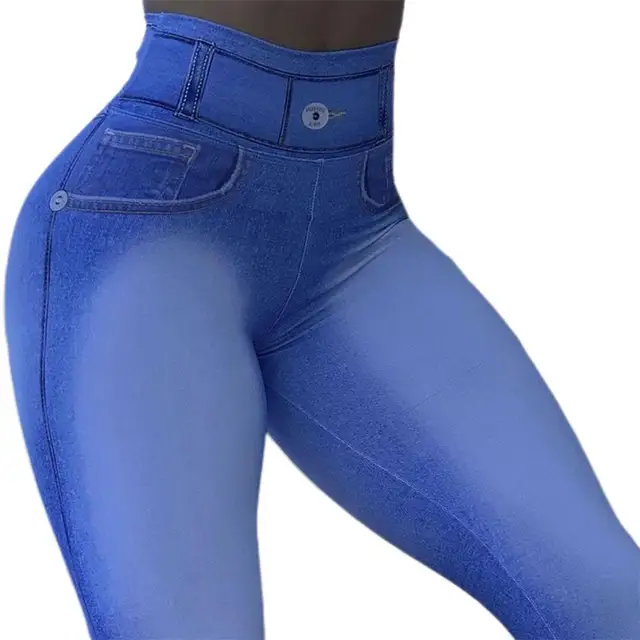 Women Yoga Pants High Waist Pockets Tummy Control Butt Lifting Fitness  Leggings Gradient Color Push Up Imitation Jeans Skinny Ac - Pants & Capris  - AliExpress