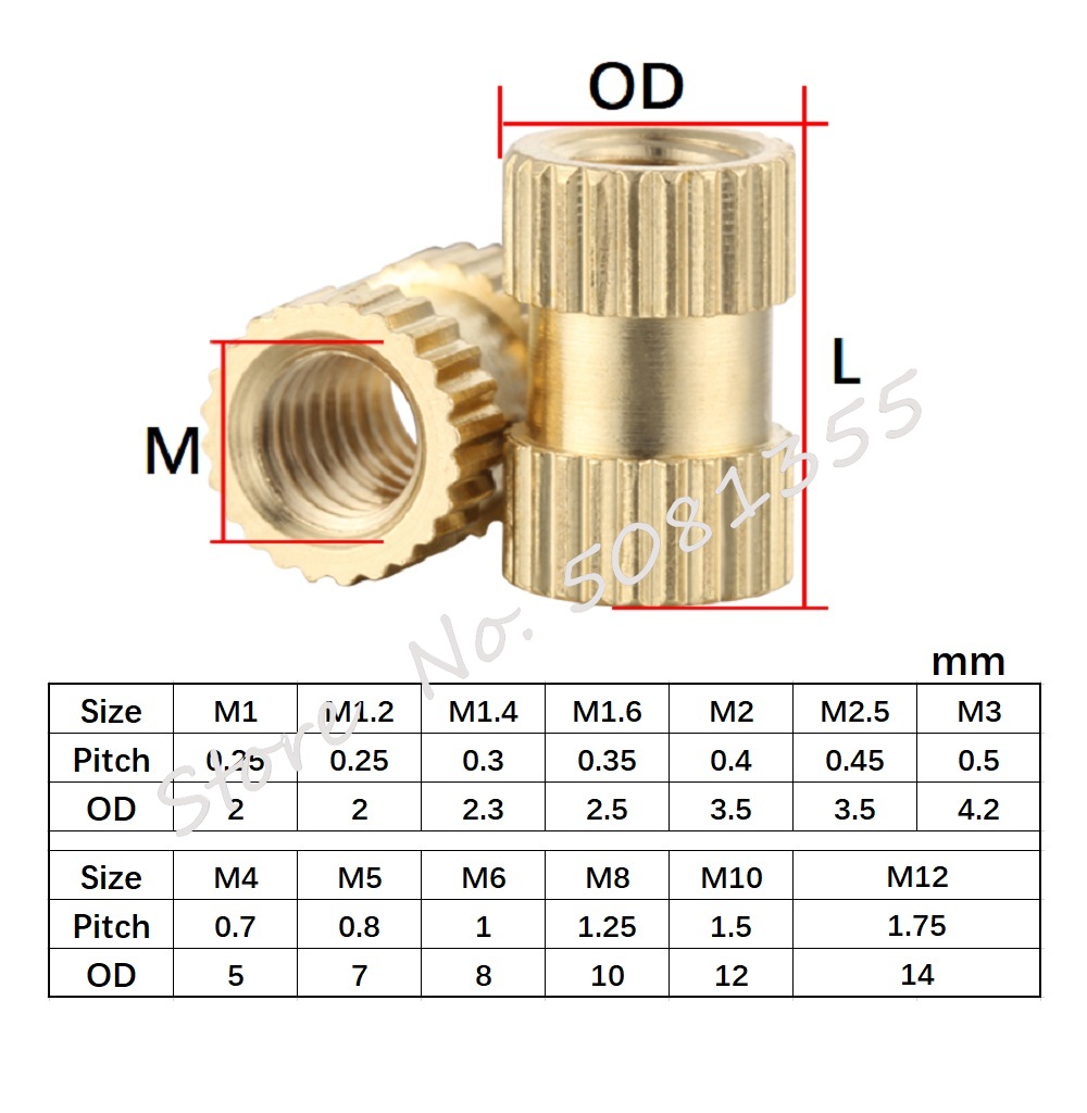 5-50 шт. M1M1.2 M1.4 M2 M2.5M3 M4 M5 M6 M8M10 латунь чистая медь  Метрическая резьба литье под давлением Knurl вставка гайка Встроенная гайка