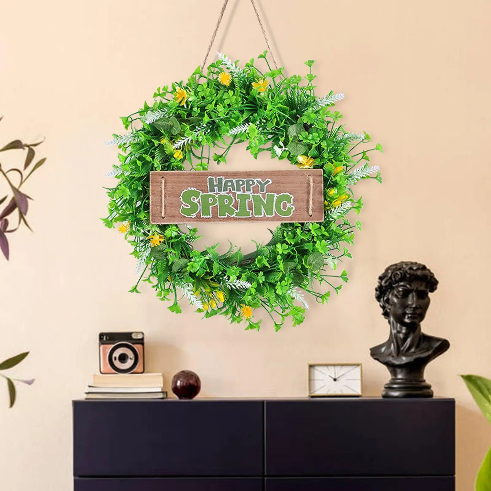 40cm Happy Spring Sign Greenery Wreath Summer Front Door Hanger Rustic Garland