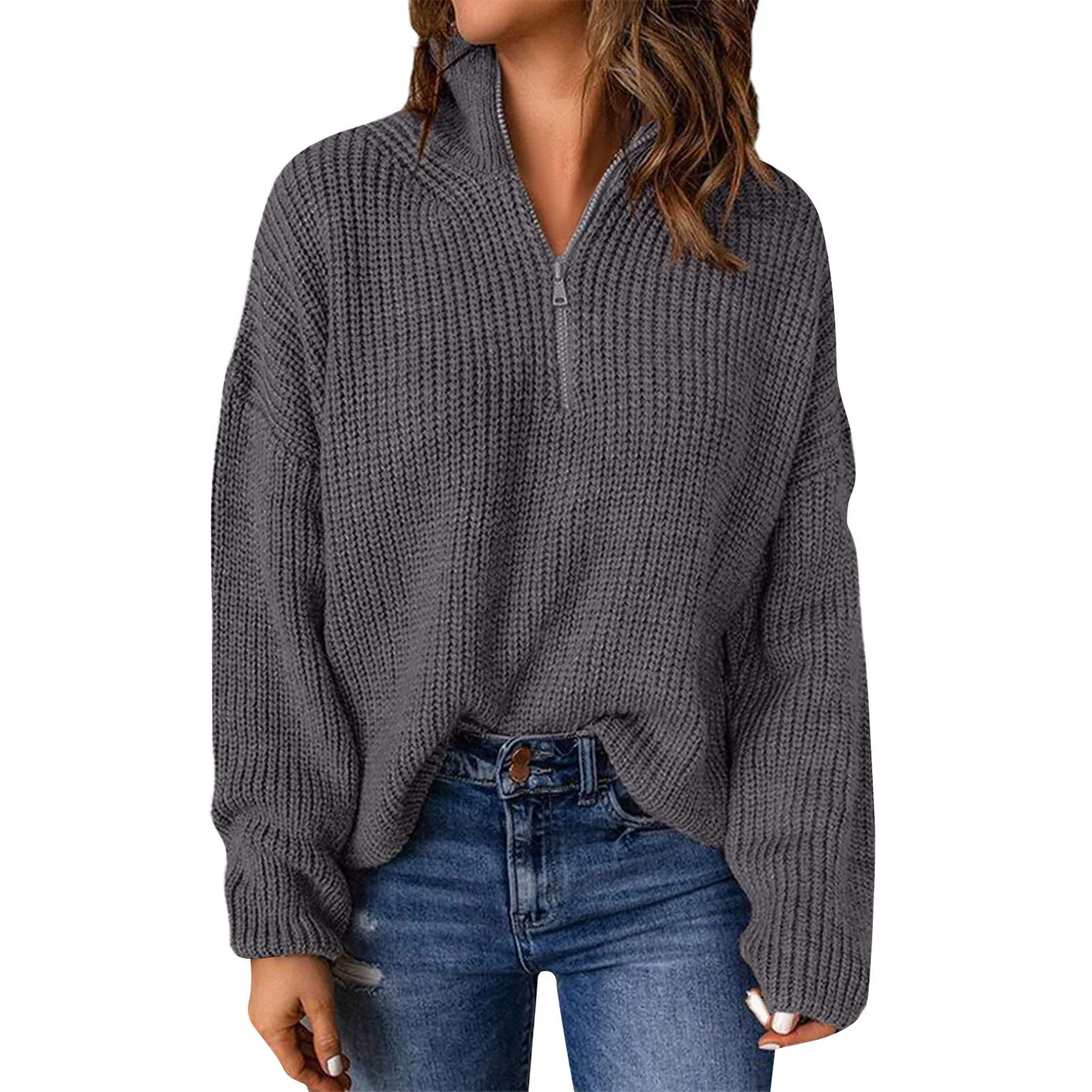 feminina, meio zip Pullovers, costela tricotar tops,