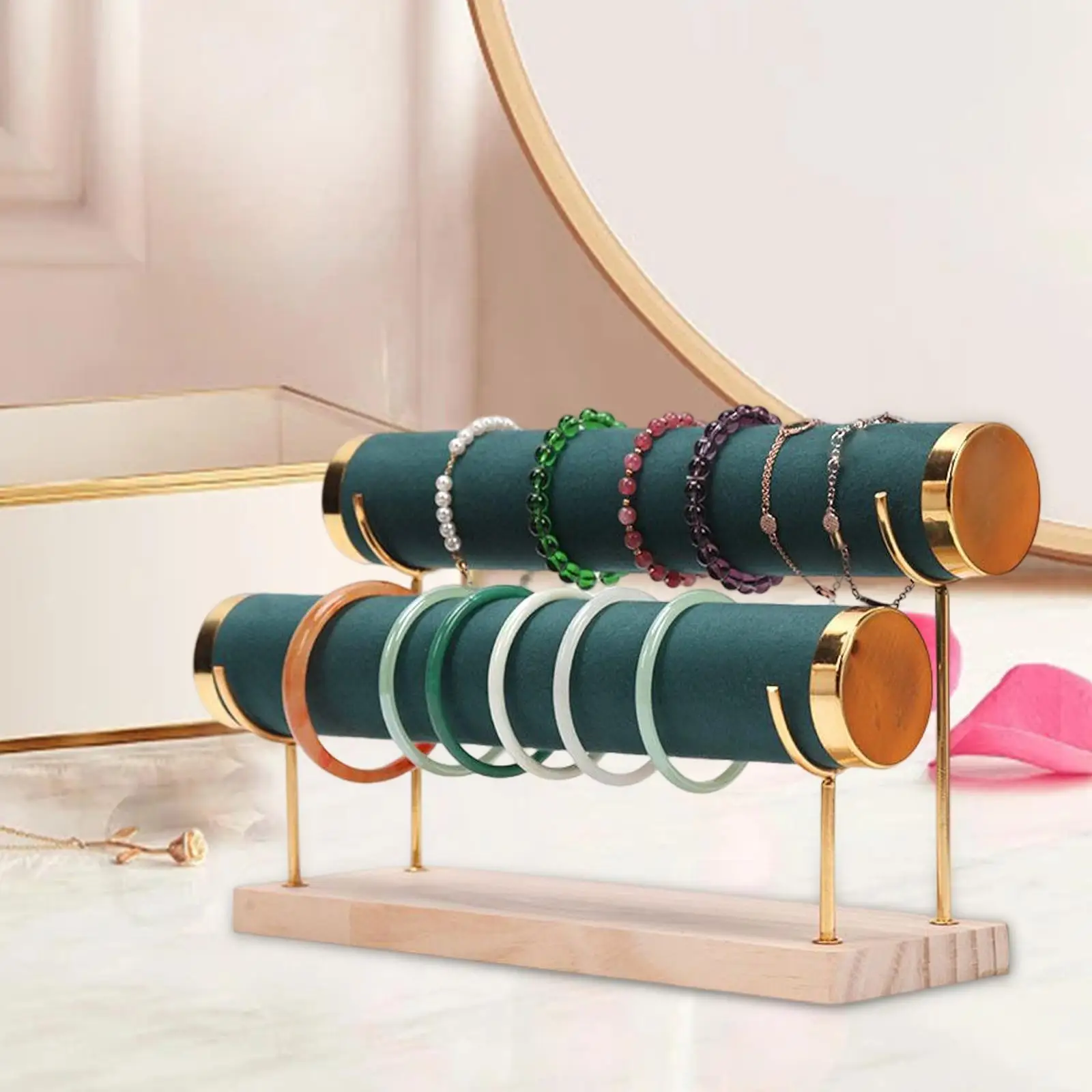 2 Layers Bracelet Display Stand Wood Base Fashion Jewelry Display Rack for Bangle Watch Jewelry Shop Countertop Home Office