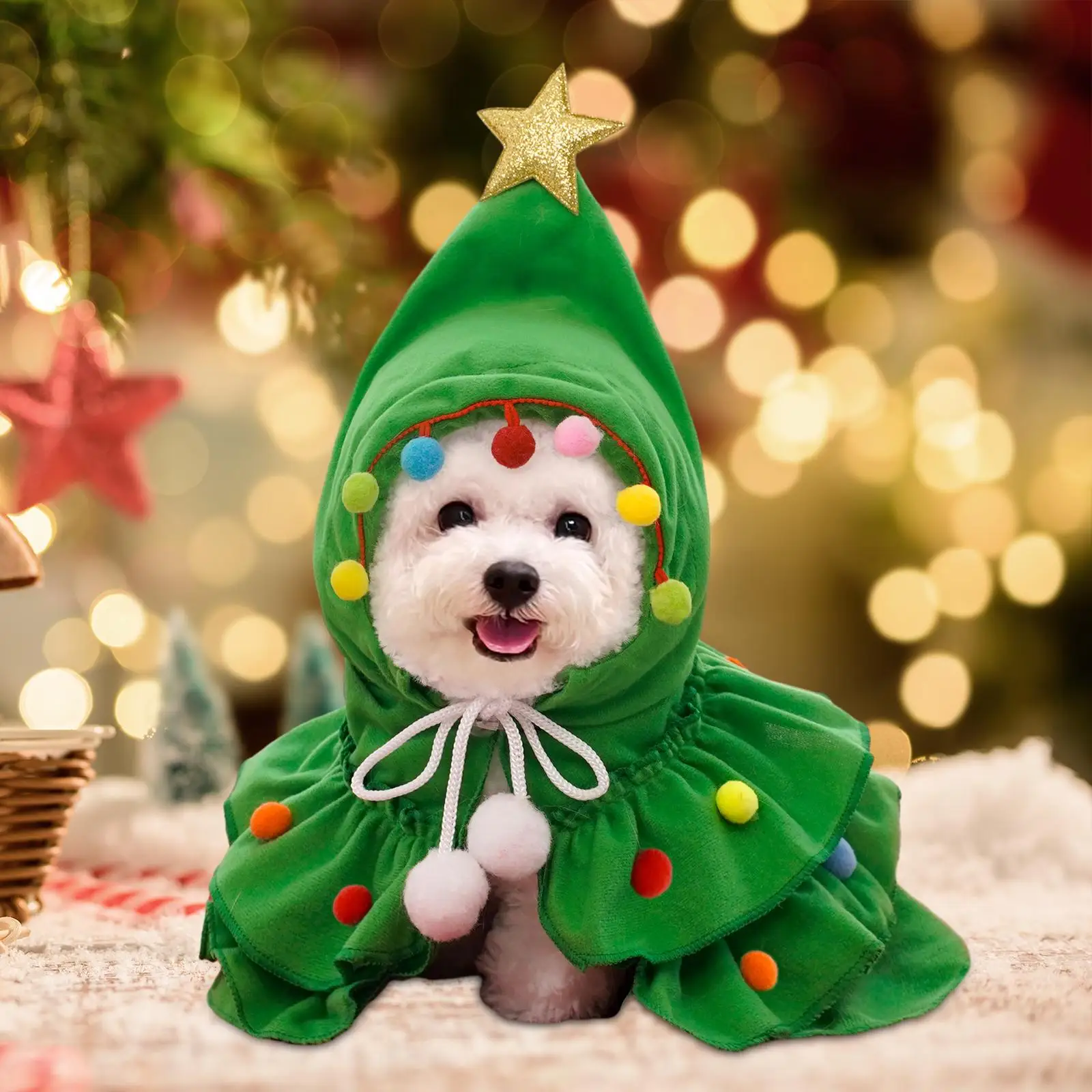 Pet Christmas Costume Cosplay Dress Pet Hoodie Cat Santa Outfit Xmas Cloak with Star and pompoms for Small Medium Dog Cat 