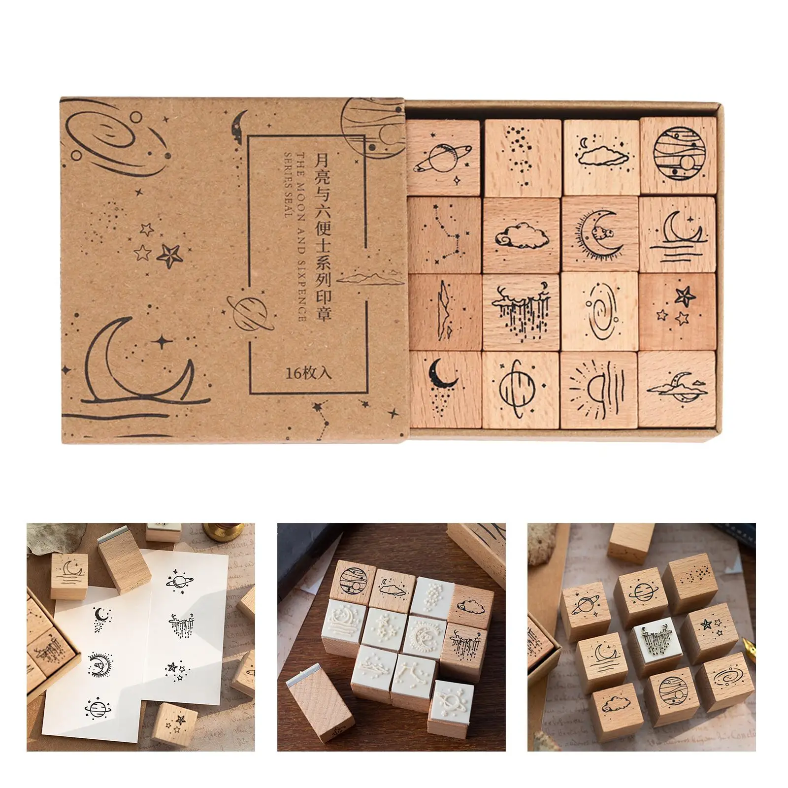 16x Wooden Rubber Stamp Set DIY Scrapbooking Moon Sun Rain Cloud Stars for Planner Diary Printing