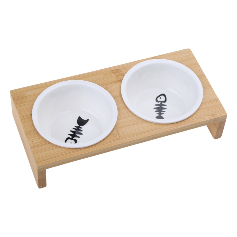 Title 5, Cat Food Bowl with Wood Holder Ceramic Feeder B...