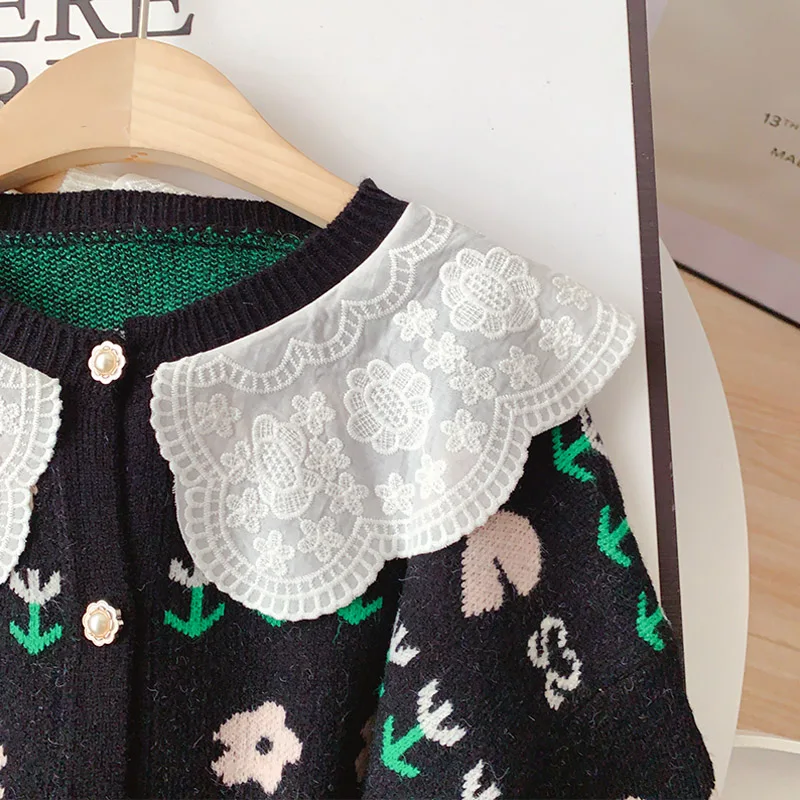 SONG YI Vintage Jacquard Cardigan Sweater Peter Pan Lace Collar 2022 New Early Spring Knitted Jacket Sweet Chic Top A0319 long black cardigan