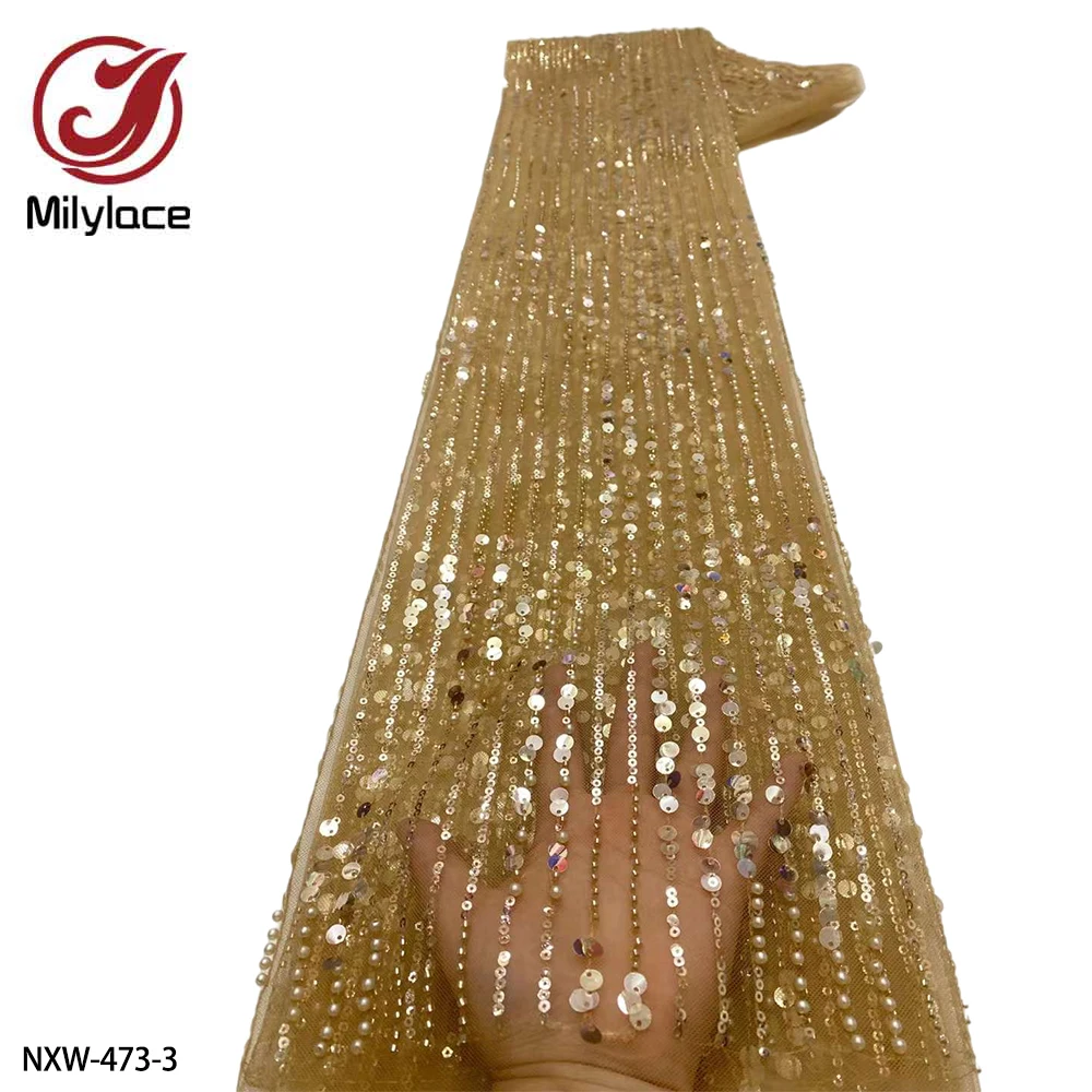Net Cloth High Quality Lace Sequins Beaded Lace Materials African Materials Lace Fabric 5 Yards Wedding Dress Nxw-473