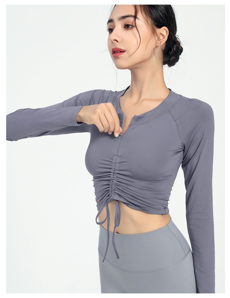 Langarm Shirt Halb Zip Vorne Kordelzug Yoga Tops Frau Sport Active Lauf Oben für Fitness Weibliche Bluse Gym Frauen – Detail 9