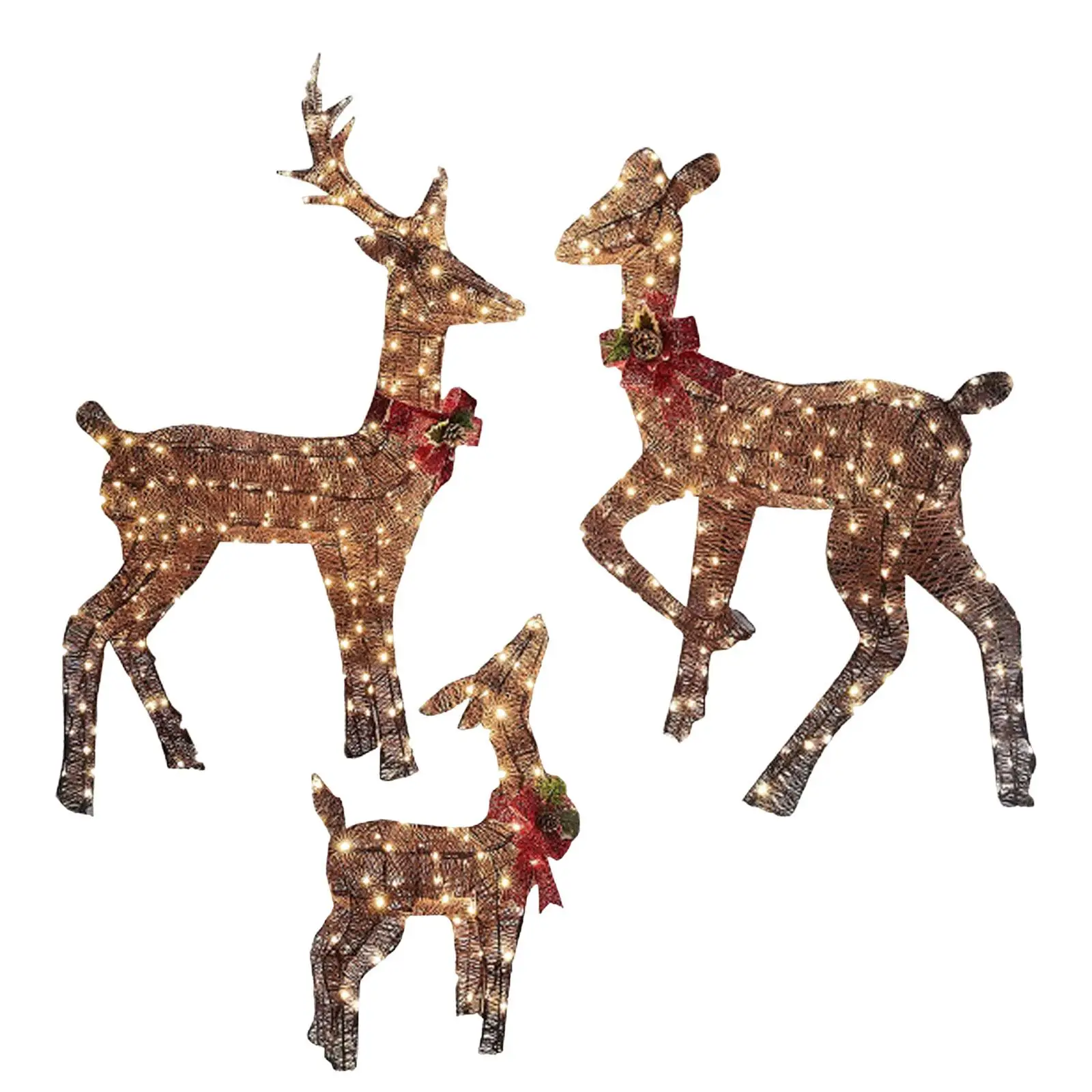 Christmas Lighted Reindeers Decor with Red Bow Ornament Props for Yard Lawn