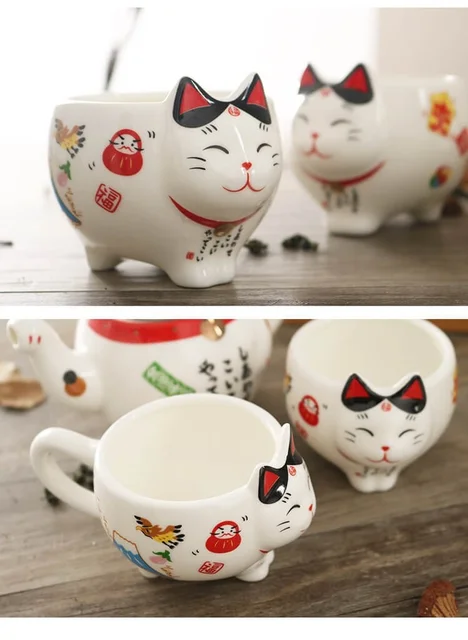 Cute Japanese Lucky Cat Porcelain Tea Set Creative Ceramic Tea Cup Kettle  with Strainer Office Teapot Water Mug - AliExpress