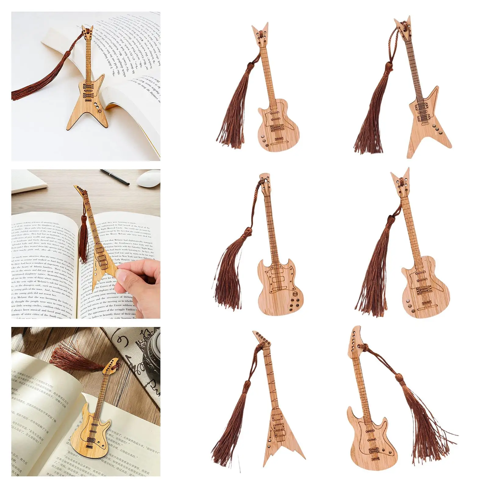 6 Pieces Guitar Bass Bookmarks with Tassels,  Holder Portable  Bookmark for Book Decoration Birthday Gift Reading Supplies