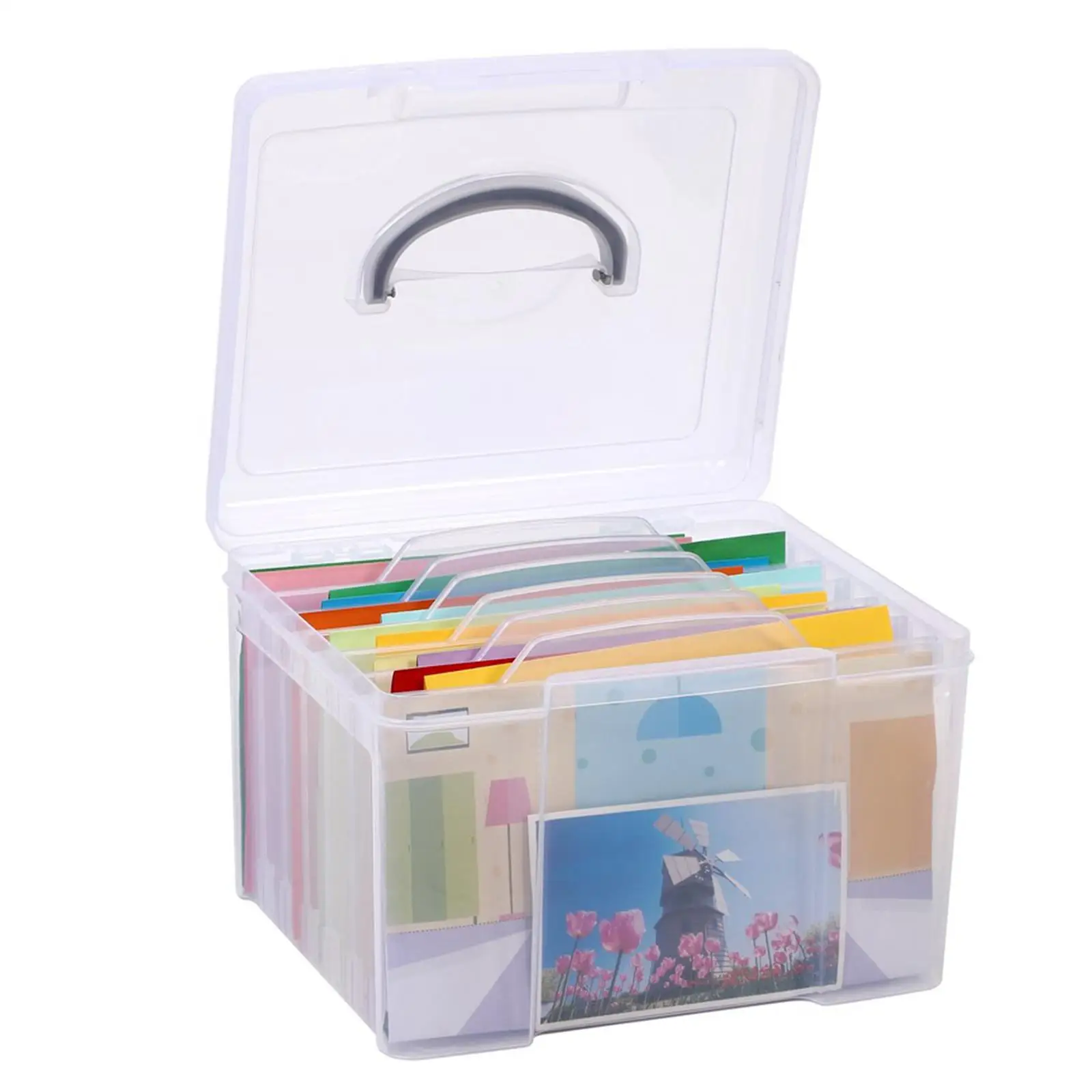 Photo Organizer Box with Dividers Case Gift W/ 6 Dividers Large Clear with Handle File Holder for Birthday Paper Paper