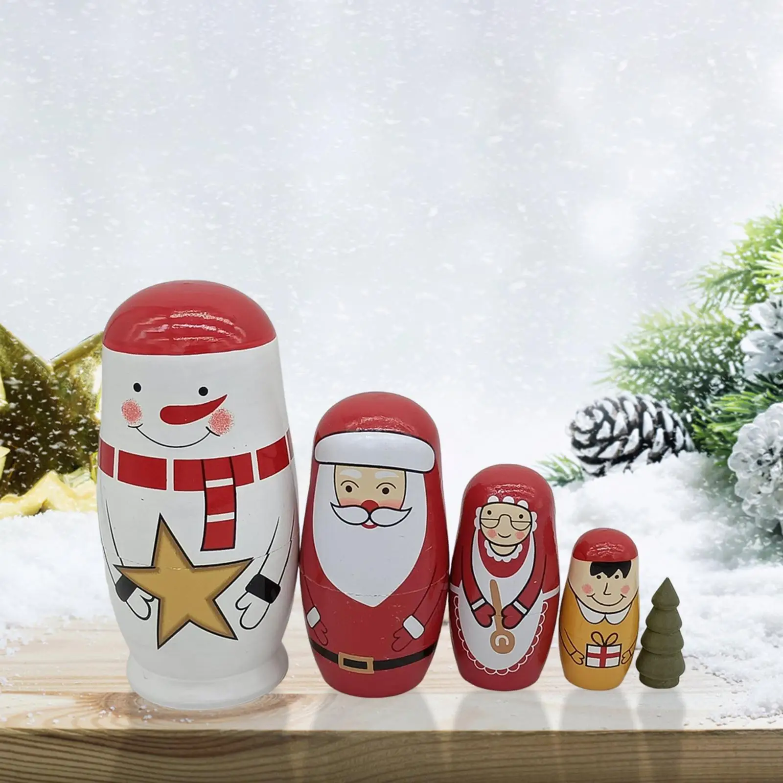 5x Wooden Russian Nesting Dolls Christmas Wood Crafts for Kids New Year Gift