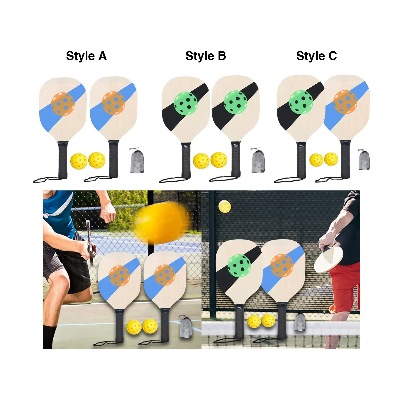 Wooden Pickleball Paddles Set with Beginner Racket 40cm Long 19cm Wide 2 Paddles 2 Pickle Balls Portable