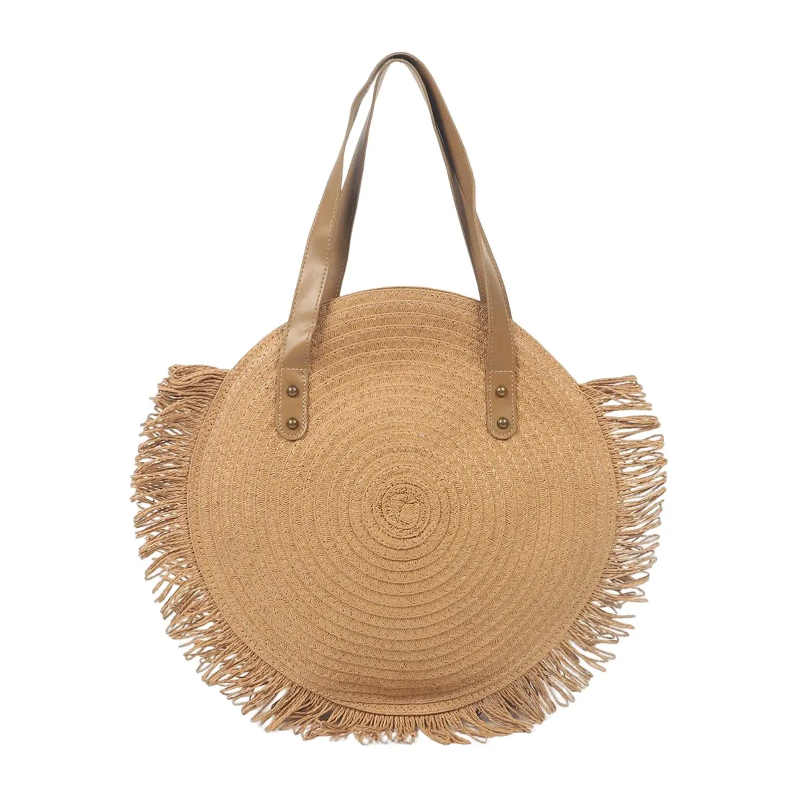 Round Straw Bag Handwoven Boho Tote Shoulder Bag for Vacation Summer Beach