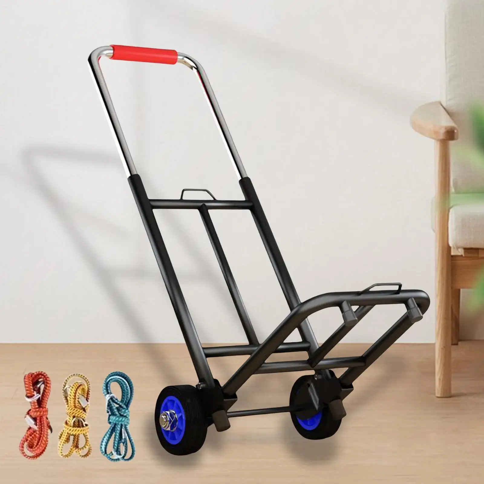 Foldable Hand Truck Dolly Adjustable Handle Trolley Cart Sturdy with 3 Elastic Ropes for Home Moving and Travel Luggage Handcart