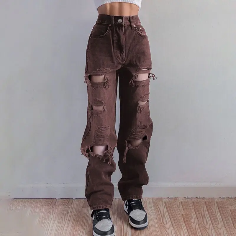 Women's Fashion Sexy Jeans Casual Pants Big Holes Long Trousers Women Jeans Ripped Frayed Loose Denim Pants Women Clothing amiri jeans