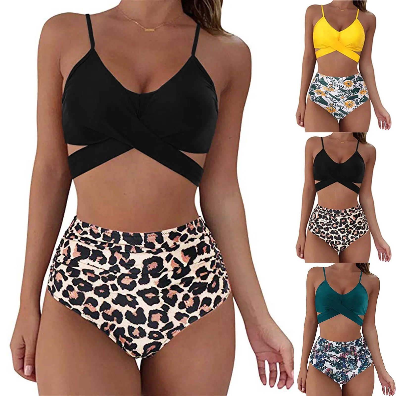 Women Sexy Leopard Print Bikini Set Push Up Bathing Swimwear High Waist Swimsuit