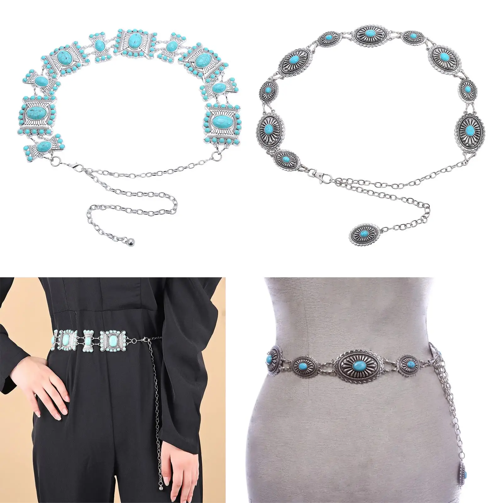 Western Turquoise Chain Belt Boho Tassel Adjustable Metal Chain Belt Belly Body Chain Waistband Beach Costume Accessory