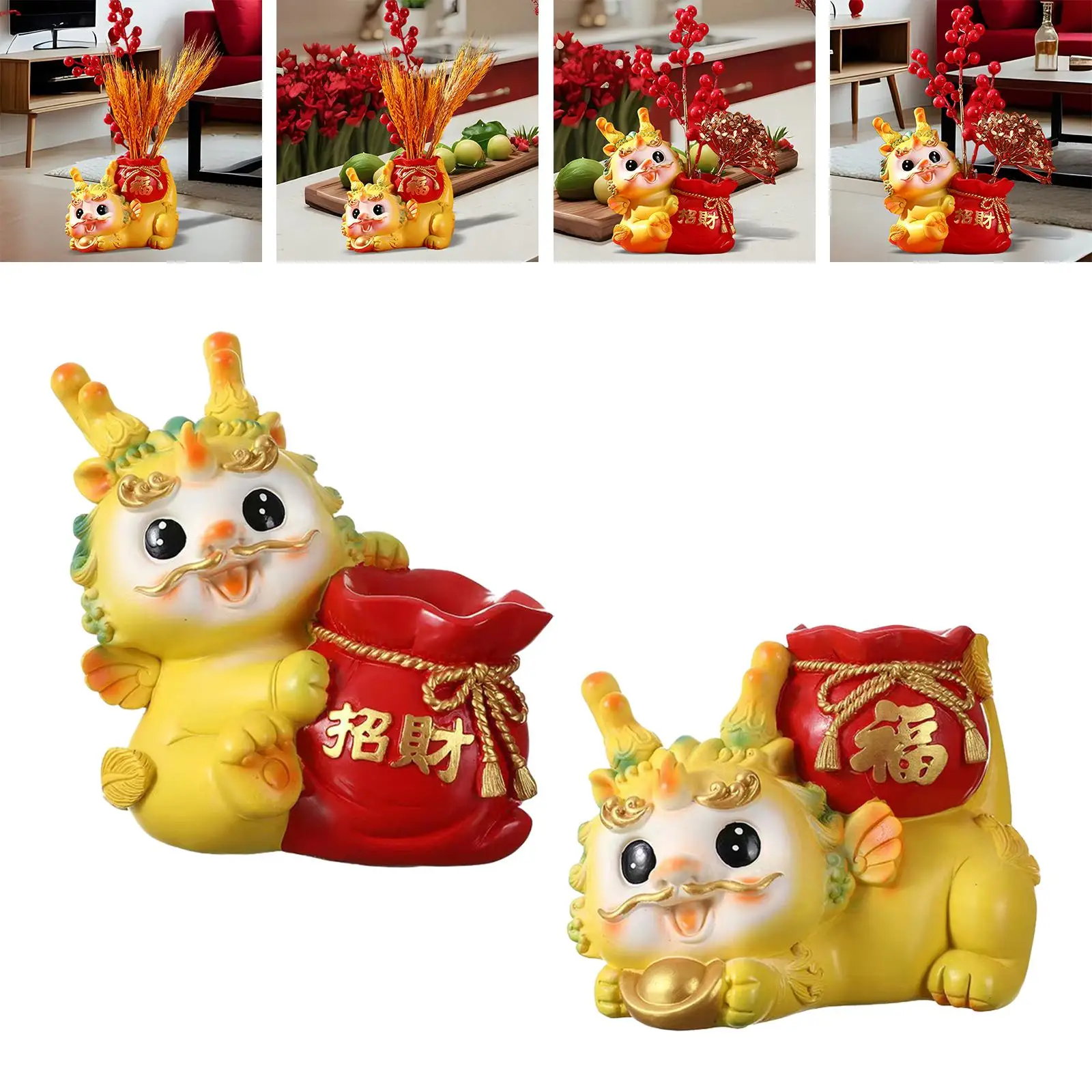 Chinese Dragon Figurine Flower Vase for Spring Festival Bedroom Bookshelf