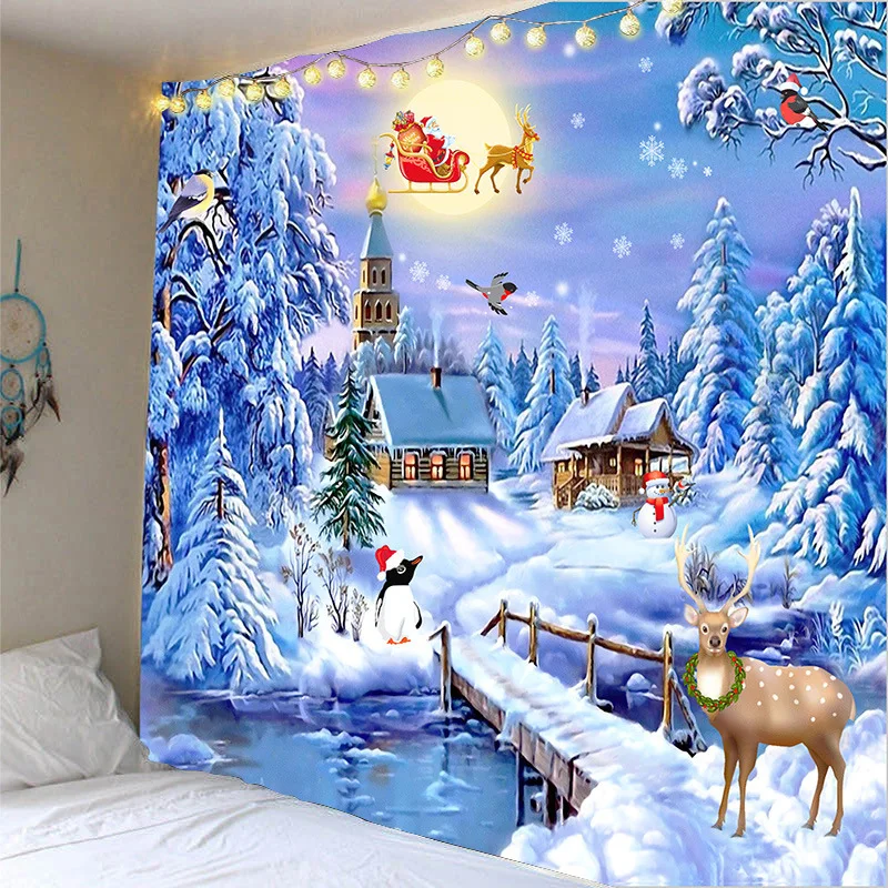 New Christmas Elk Tapestry Cartoon Christmas Ornament Bedroom Room Background Wall Decoration Hanging New Year Gift Wall Hanging