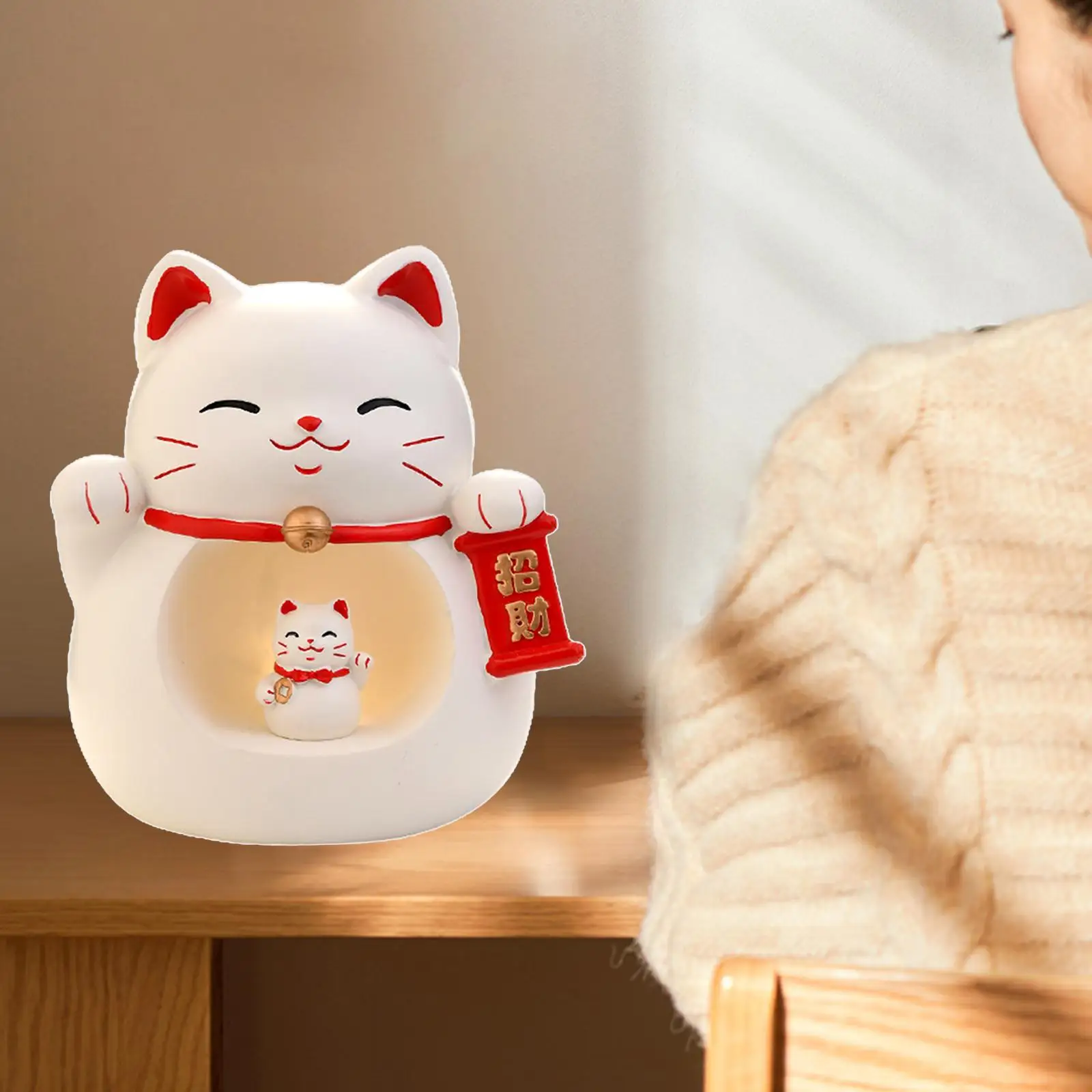 Statue Figurine Lucky Cats with Light Sculpture Animal Decor for Home Car Office Living Room Study Decor Ornament Resin Crafts