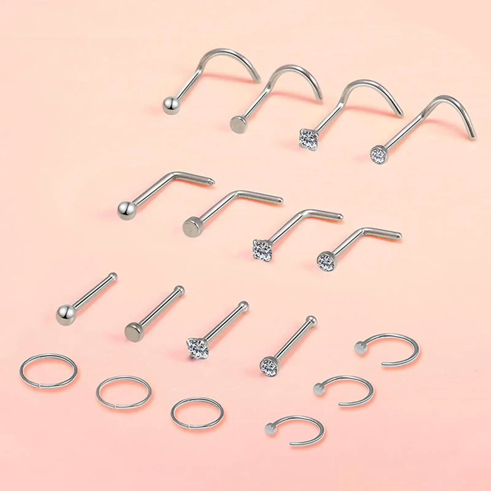 18 Nose Rings Set Stainless Steel Crystal Nose Hoops for Women 