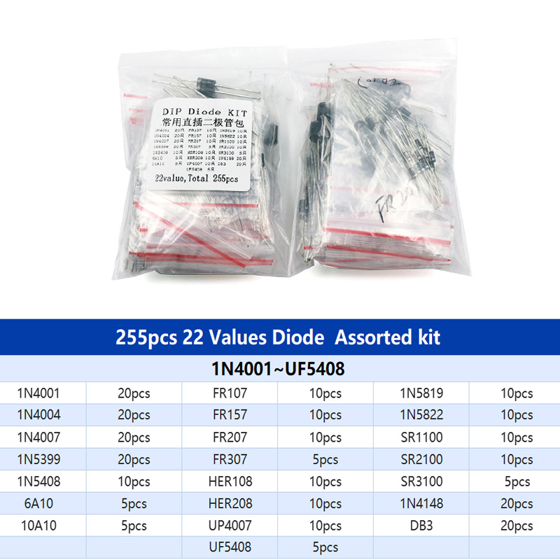 1N4004 1N4007 1N5399 1N5408 1N5819 1N5822 FR107 10A10 diodos kit eletrônico