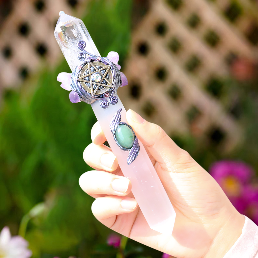 Natürlicher Obsidian-Amethyst-Pentagramm-Zauberstab, handgefertigt, magischer Zepter, glänzende Säule, Briefbeschwerer, Ornament, Film, Cosplay, Heilung – Detail 4
