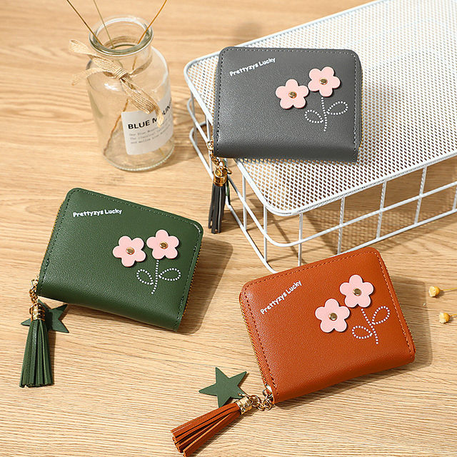 تسوق (Gray)Flower Tassel Zipper Women Wallet Leather Short Coin Purse Cards  Holder Money Bags Mini Wallet Flower Wallets Girls Carteira WAR اونلاين