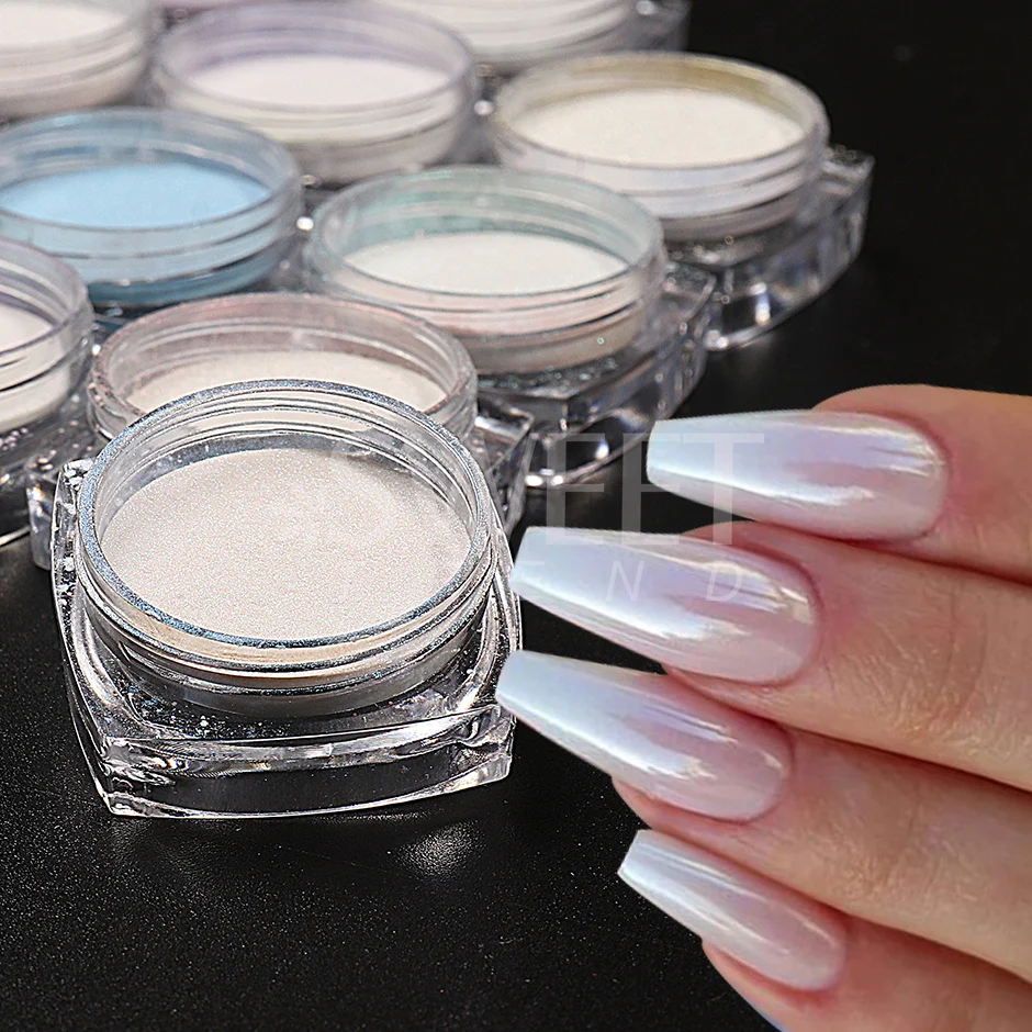 Description Picture 6 of item2pcs Colorful Aurora Chrome Nail Powder Pearl Shell White High Glossy Rubbing Dust Holographic Glimmer Pigment Nail Decor Flash