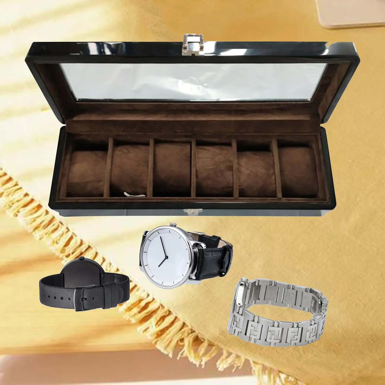 6-Slot Wood Watch Box Velvet Display Case Organizer Glass Jewelry Storage