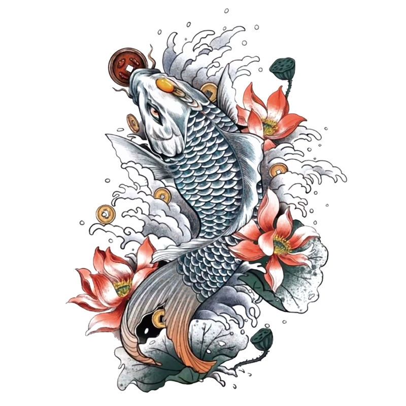 Koi-Karpfen-Tattoo-Aufkleber, langlebiges Fake-Tattoo für Frau, Mann, Goldfisch, temporäres Tattoo, Blumenkunst, künstliche Tattoos, wasserdicht, Tatuajes – Detail 1